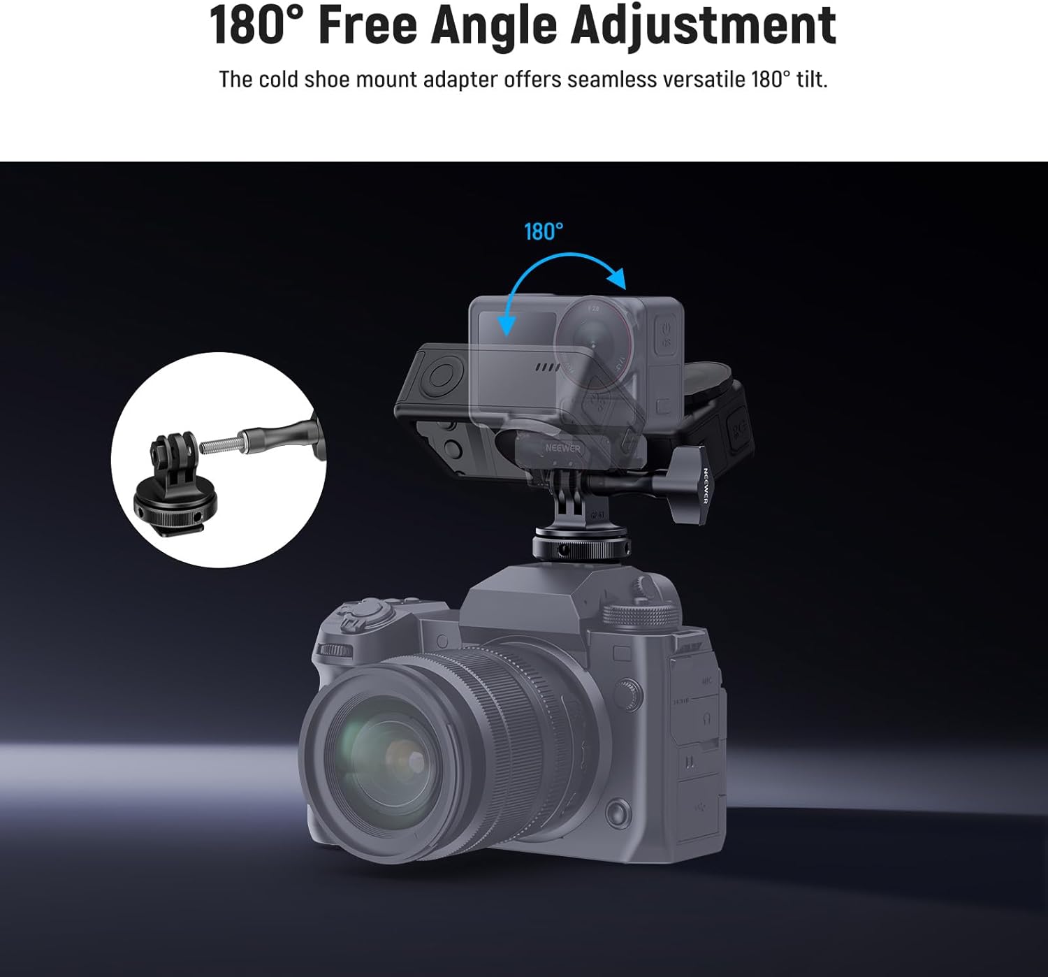 NEEWER Action Camera Cold Shoe Mount Adapter Compatible with GoPro Accessories Go Pro DJI Insta360 AKASO, Metal 1/4" Thread Hot Shoe Mount for Mini Tripod Selfie Stick, 180° Tilt, GP-63