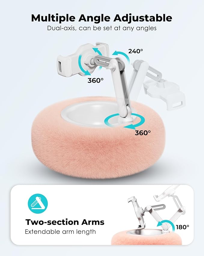 Viozon Tablet Stand Pillow, Compatible with 4.7"-13" Phone/Tablet, iPad, iPhone, Samsung, Google, Kindle, 360°Adjustable Phone Holder for Bed with Soft Plush Fabric, and Detachable Bowl, Pink