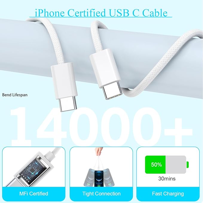 10FT iPhone 16e Charger Fast Charging,2Pack 20W USB C Apple 16e 15 Pro Charger Block & 10Foot Long USBC Woven Cable Cord for iPhone 16/16e/16 Pro Max/16 Pro/16 Plus/15/15 Pro Max/15 Plus/iPad Pro 12.9