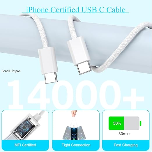 10FT Woven Cable for Apple 16 15, 60W 10Foot USB C to Type C Braided Charger Cable Cord & 20W USB C Charger Block Cube Travel Plug Super Quick Charging for iPhone 16 15/16 15 Plus/Pro/Pro Max,iPad Pro