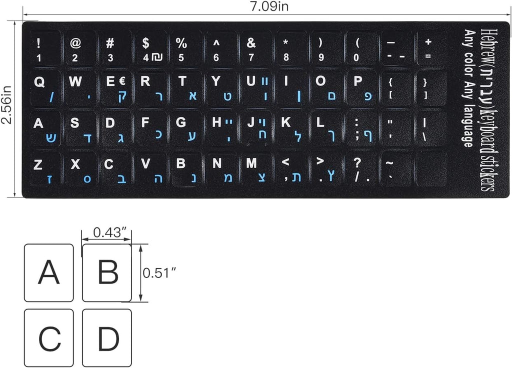 2PCS Hebrew English Keyboard Stickers Black Background with Blue Letters Replacement Stickers for PC Computer Laptop Notebook Desktop Keyboards -Each Unit: 0.43" x 0.51"