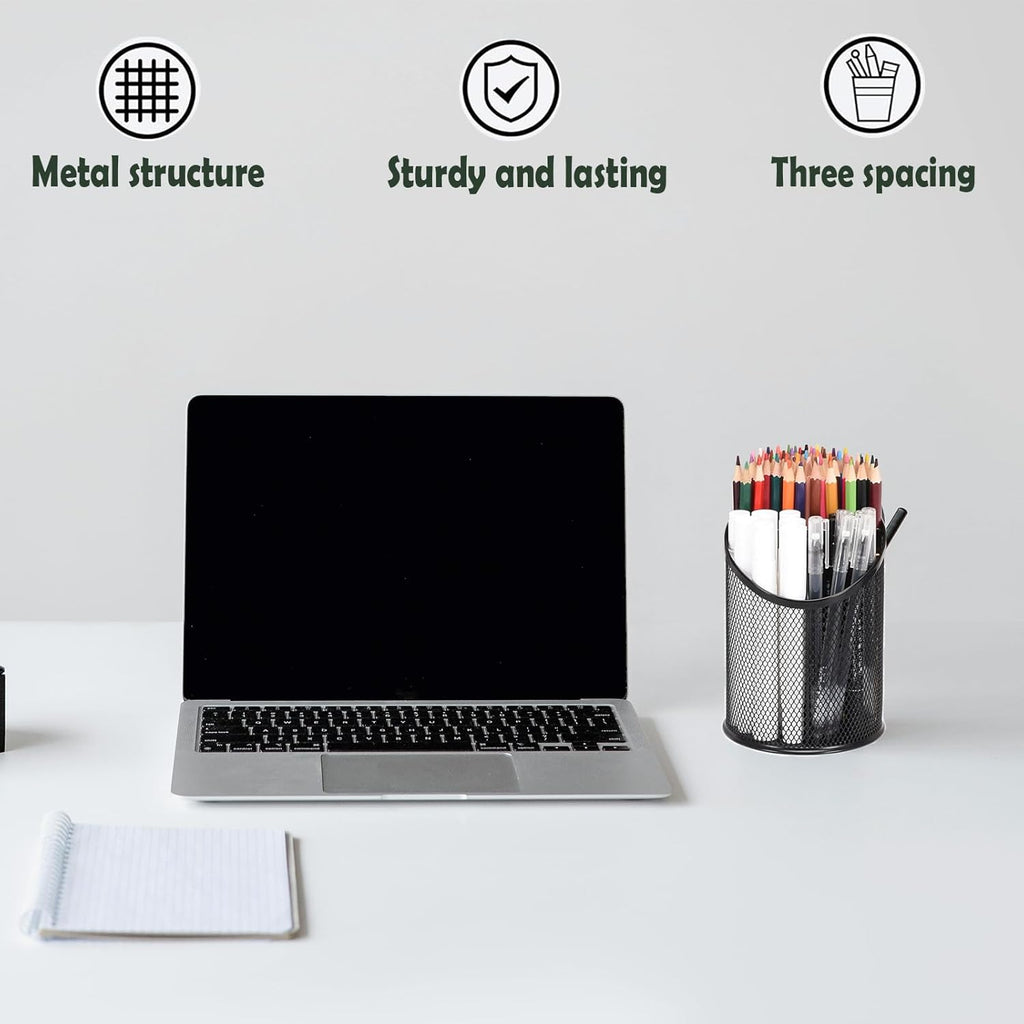 2 Pack Mesh Pencil Holder Pen Cup for Desk Round Black Pen Holder Desktop Pen Organizer 3 Compartments Pencil Organizer Desk Organizer for Office Home School