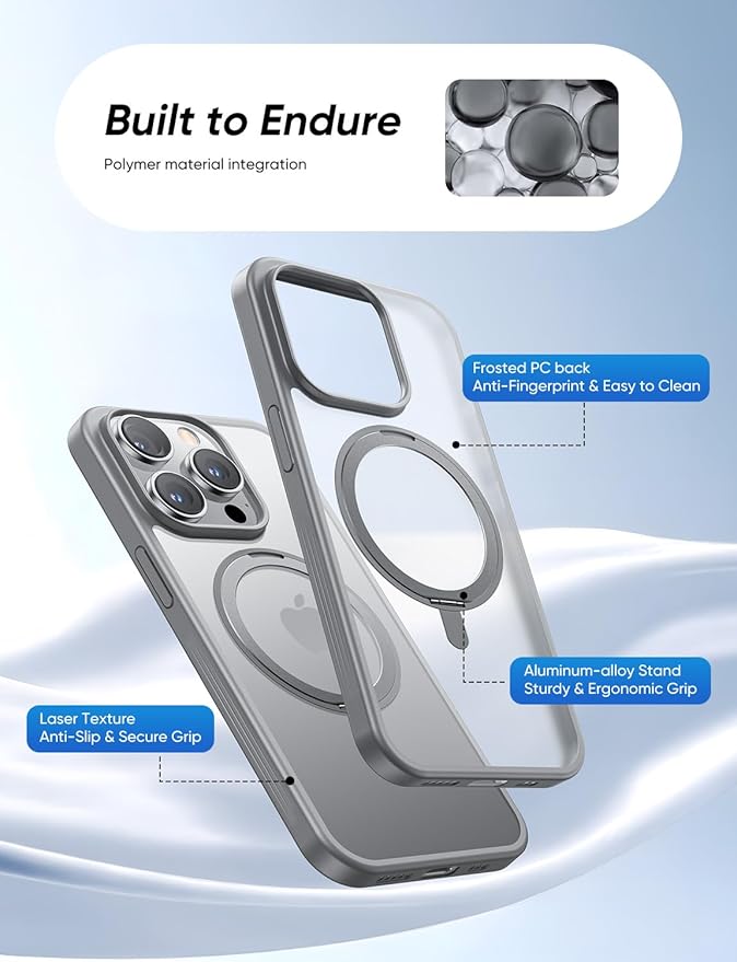 MAGIC JOHN 360° Rotatable Magnetic Invisible Stand for iPhone 15 Pro Max Case [Anti-Slip Grip] [Compatible with MagSafe] 16FT Shockproof for iPhone 15 Pro Max Case with Kickstand, Gray