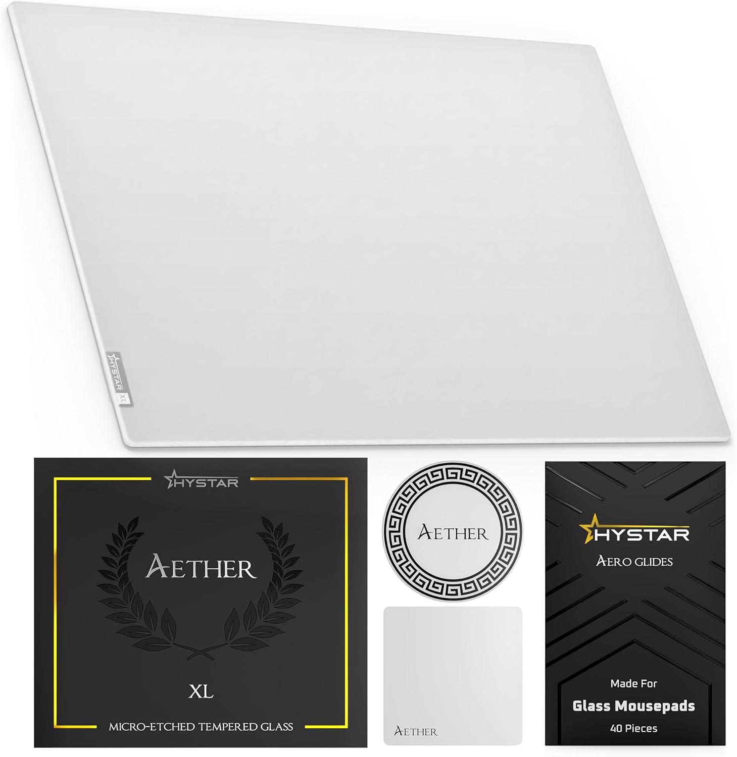 Hystar Aether Glass Gaming Mousepad | Micro-Etched Tempered Glass | Quiet, Ultra-Fast Glide | Full Anti-Slip Silicone Backing (White, X-Large)