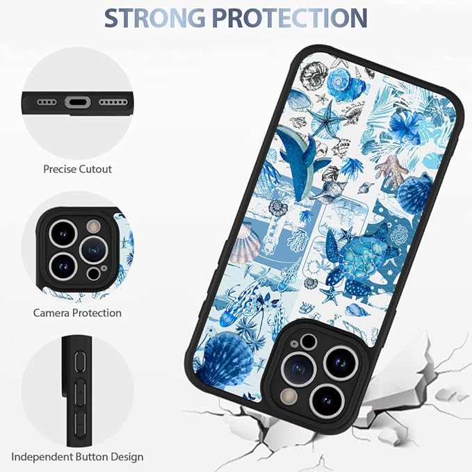 AIGOMARA Case for iPhone 15 Pro Max [Compatible with MagSafe] Blue Turtle Shell Ocean Collage Pattern Design for Women Girls Men Soft TPU Bumper Hack PC Back Shockproof Protective Slim Magnetic Cover
