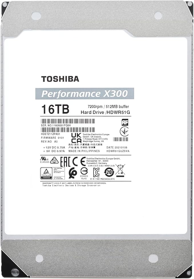 Toshiba X300 16TB Performance & Gaming 3.5-Inch Internal Hard Drive – CMR SATA 6 GB/s 7200 RPM 512 MB Cache - HDWR51GXZSTA
