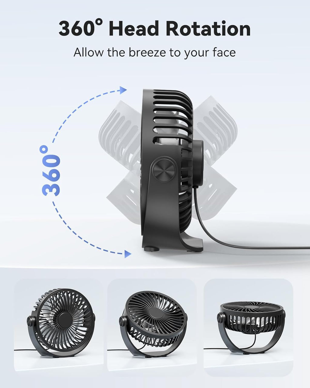 USB Desk Fan, 5 Inch Mini Portable, 3 Speeds Strong Airflow Personal Desktop, Detachable Cooling Fan 360° Rotation Quiet Small Fan for Desk Home Office Travel Car, Black, 5ft Cable