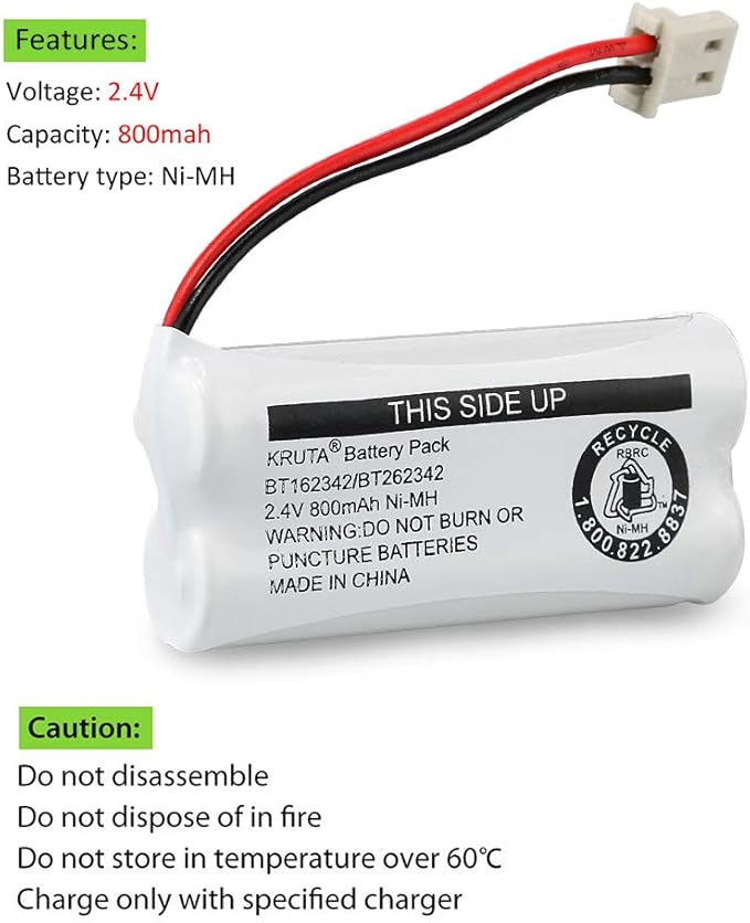 Kruta BT162342 BT262342 2.4v 800mah Cordless Phone Batteries Compatible with BT183342 BT283342 BT166342 BT266342 VTech CS6114 CS6419 CS6719 at&T EL52300 CL80111 Handset Telephone (Pack of 3)