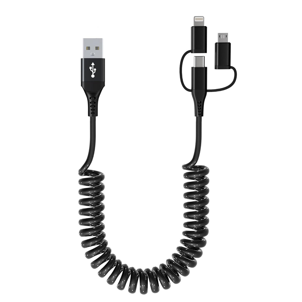 USB to USB-C Lightning Micro-USB Cable Combo 3 in 1 Coiled Cable Support Carplay & Android Auto [MFi & 3A Fast Charge & Data Sync] Coiled Lightning/USB C/Micro-USB Cable for iPhone 17 16 15 14 Android