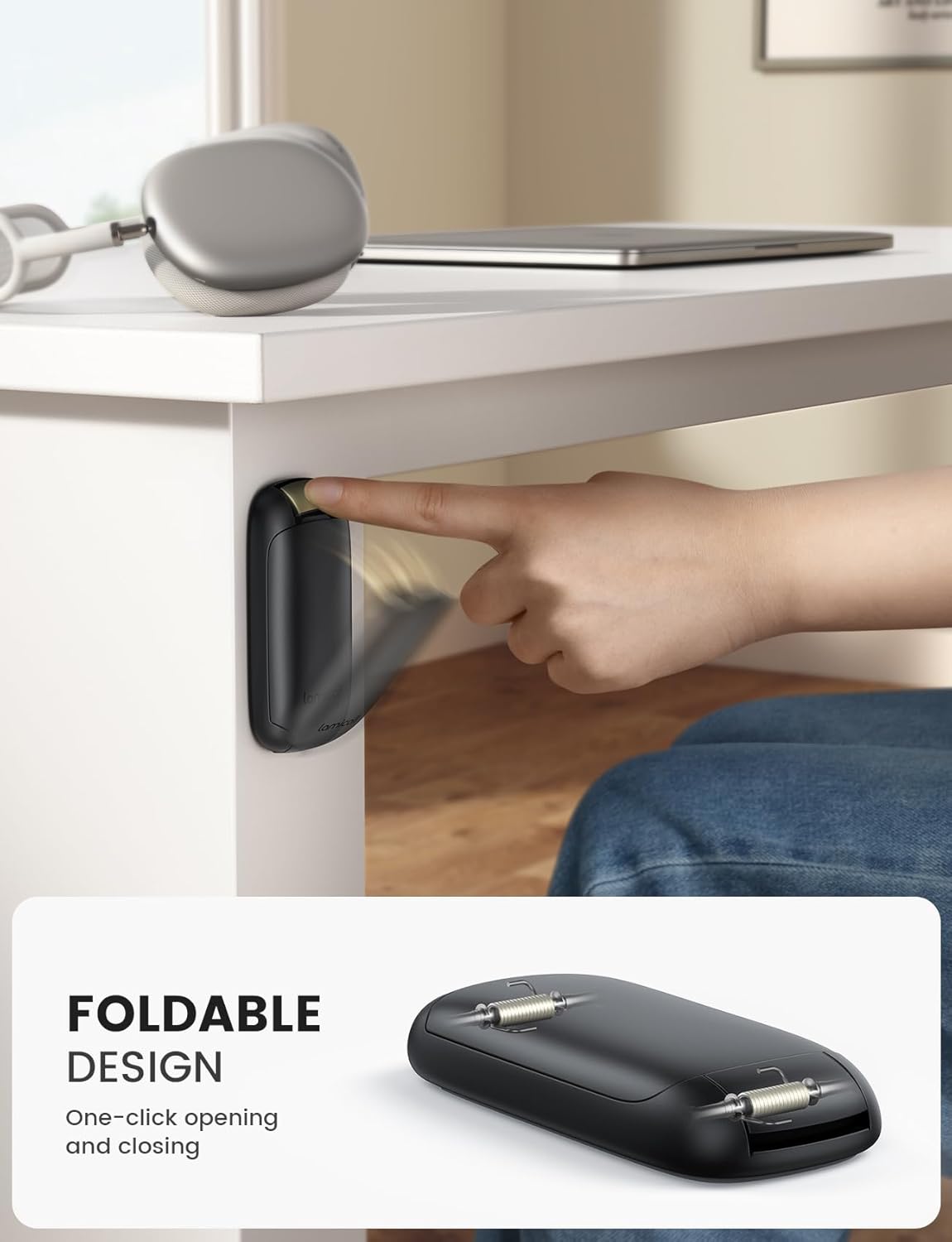 Lamicall Headphone Stand, Sticky Headset Holder - [Foldable & Compact] Headphone Holder Hook Mount, Adhesive Hanger Clip Under Desk, Earphone Clamp for Airpods Max, HyperX, Sennheiser, Black