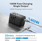 MOMAX 140W Universal Travel Adapter, GaN Technology, EU/UK/AUS/US/JP Worldwide, Fast Charging for iPhone, MacBook pro, Vision Pro, Charging Cable Included