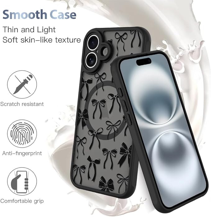 AIGOMARA Case for iPhone 16 Plus [Compatible with MagSafe] Black Ribbon Bow Pattern Design Soft TPU Bumper Hard PC Back Anti-Fall Shockproof Protective Slim Magnetic Cover for Women Girls