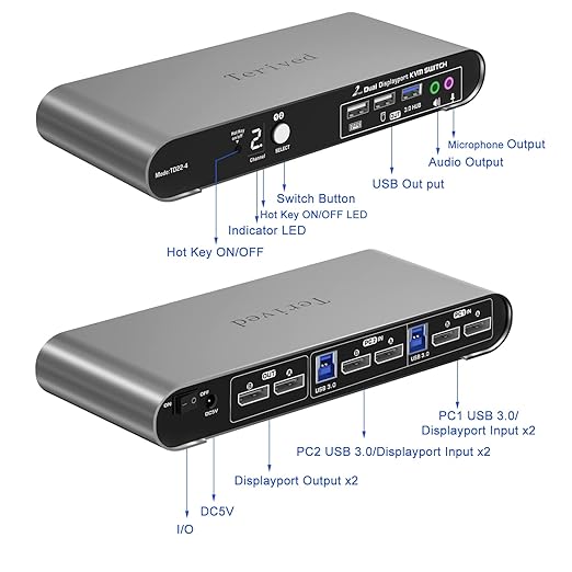 2 Port DP USB 3.0 Automatic KVM Switch Dual Monitor 4K@144Hz Two Computers Two DisplayPort Monitors switcher, 8K@30Hz, Aluminum hotkey Audio mic, Digital Display, HDR10 with Cables