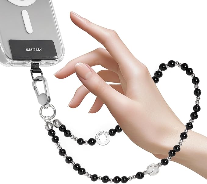 MAGEASY Beaded Phone Charm for Women - Cell Phone Wrist Strap with Teather Tab, Designed for iPhone & Android Phones, Keychain, Camera - Onyx Bloom