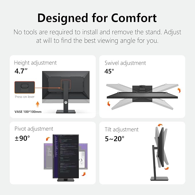 INNOCN 27" 2K 1440P QHD Monitor 100Hz IPS PC Computer Monitor for Mac Laptop, 65W USB C, HDMI, DP, Built-in Speaker, Eyes Care, Height/Pivot Adjustable, VESA Mountable - Black, 27D1Q