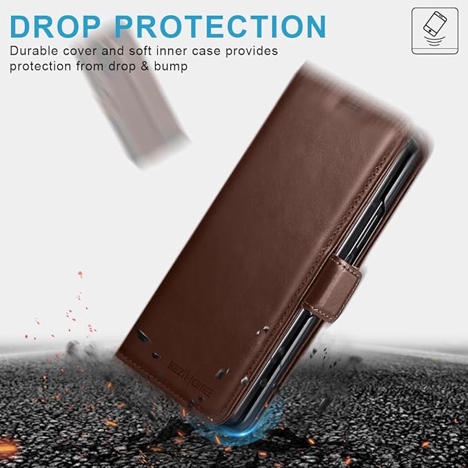 KEZiHOME for Samsung Galaxy Z Fold 6 Case, Genuine Leather Galaxy Z Fold6 Wallet Case [RFID Blocking] with Card Slots Stand Flip Protective Phone Cover Compatible with Samsung Z Fold 6 5G (Brown)