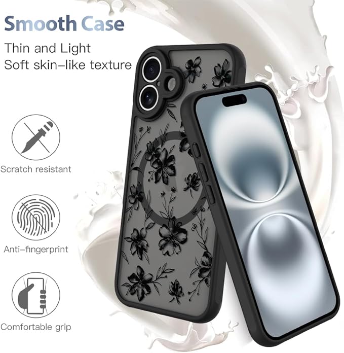 AIGOMARA Case for iPhone 16 [Compatible with MagSafe] Ink Flower Floral Pattern Design for Women Girls Soft TPU Bumper Hard PC Back Anti-Fall Shockproof Protective Slim Magnetic Cover