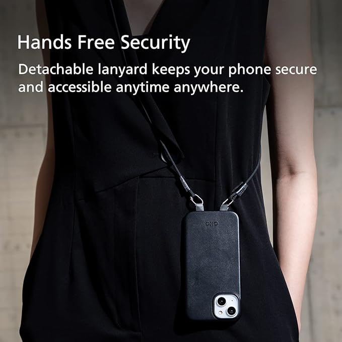 alto Crossbody Phone Lanyard: detachable patch, nylon strap with Italian leather pad, for iPhone and android full body phone cases (Raven Black)