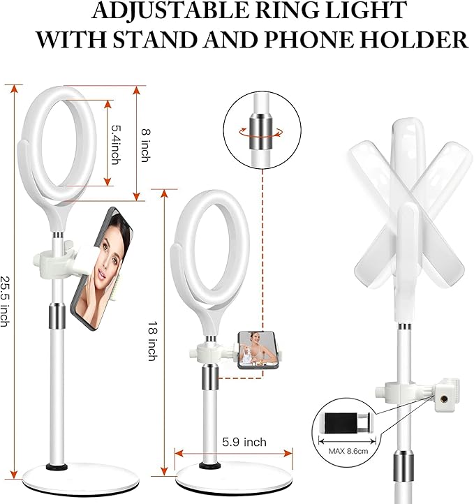 8 inch Desk Ring Light with Stand, Adjustable Computer Circle Light for Video Conference Lighting, Zoom Calls, Virtual Meeting, Video Recording, Selfie Light with Phone Holder for Streaming, Podcast