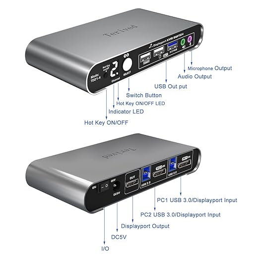 2 Port DP USB 3.0 Automatic KVM Switch Two Computers 1 DisplayPort Monitor switcher, 8K@30Hz 4K@144Hz, Aluminum hotkey Audio mic, Digital Display, HDR10 with Cables