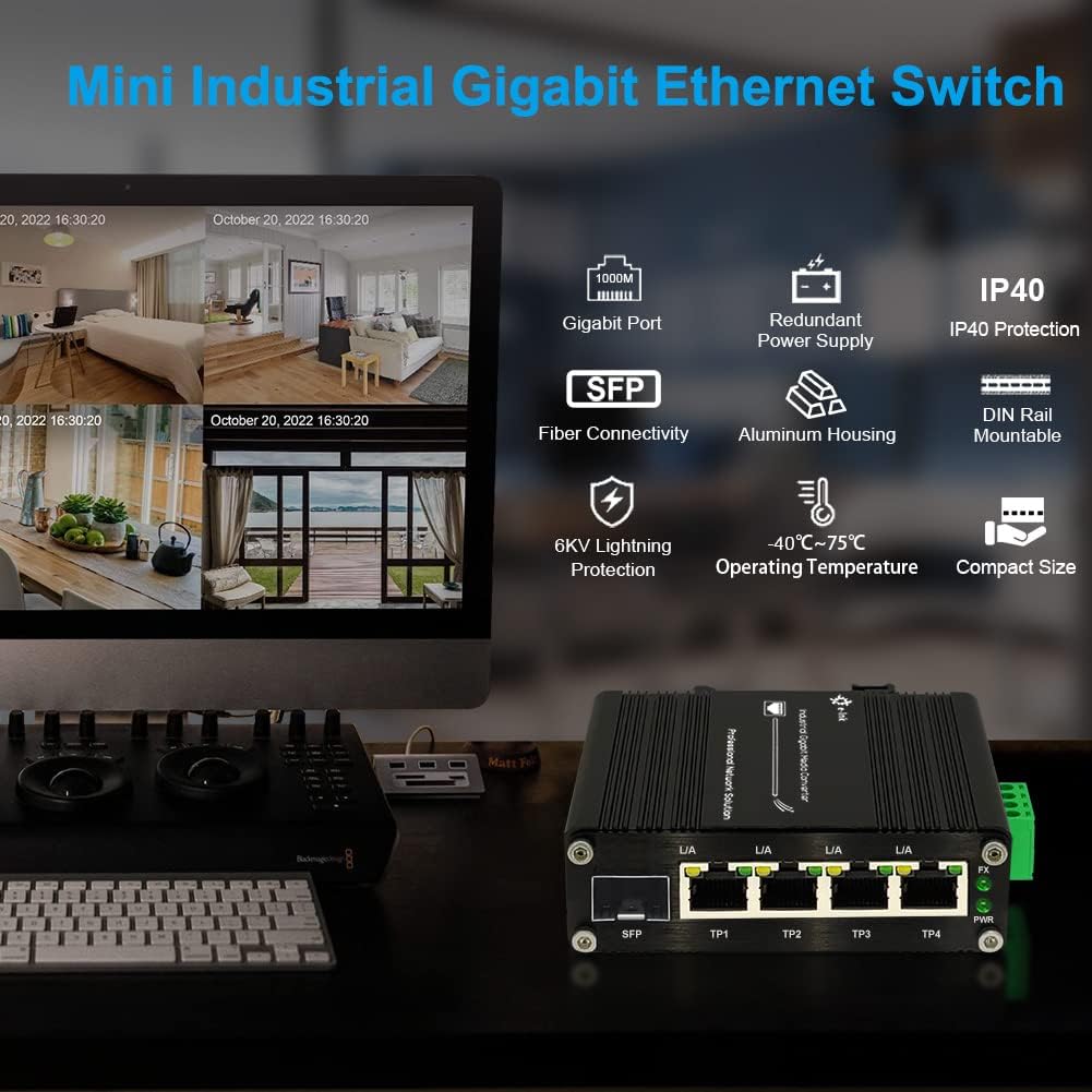 Industrial Gigabit 4-Port Ethernet Switch - Hardened 10/100/1000Mbps Fiber with 100/1000M Adaptive SFP Slot, Din Rail/Wall Mount, Unmanaged Network, 12-48V DC, 5-Port