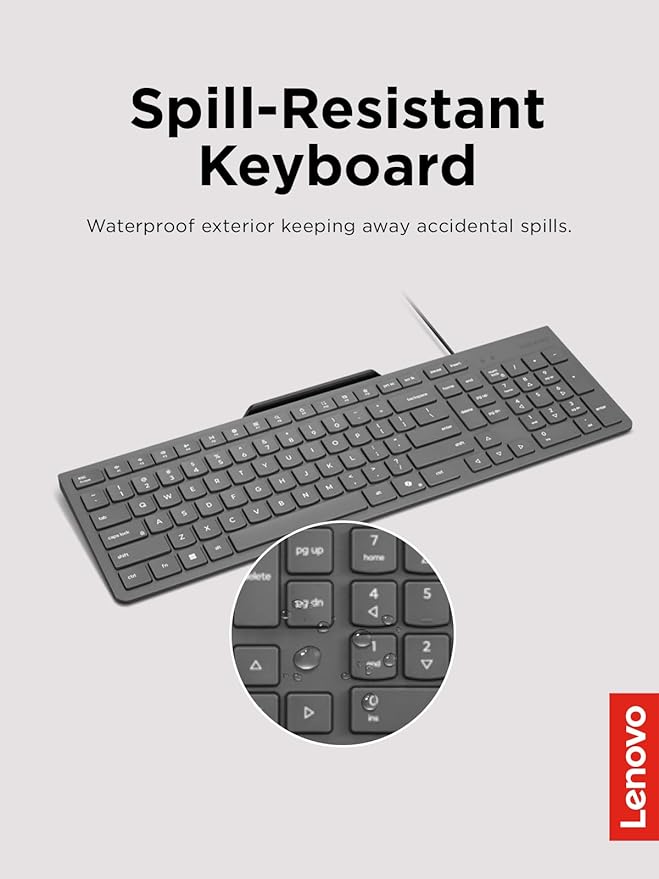 Lenovo 310 USB-A Wired Keyboard Mouse Combo, Quiet Keys, Ultra-Slim Gaming Design, Spill-Resistant, Integrated Phone Stand, Compatible w Laptop, PC, Tablet – Ergonomic Mouse Mechanical Keyboard USB