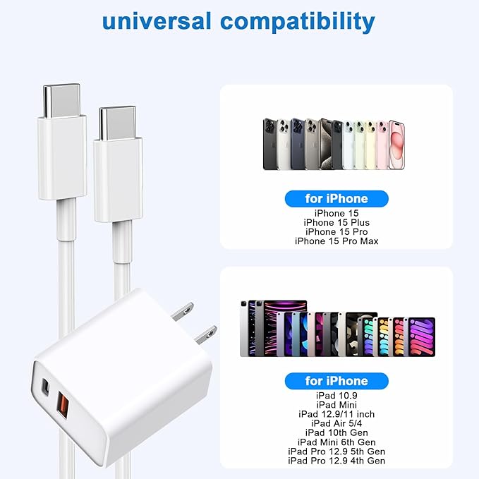 10FT iPhone 16e Fast Charger,2Pack 20W Dual Port USB C+A Power Adapter 10Foot Long USB C to C Fast Charging Cable Cord Quick Charging for iPhone 16e/16/16 Pro/15/15 Pro/Pro Max/Plus,iPad Pro/Air/Mini