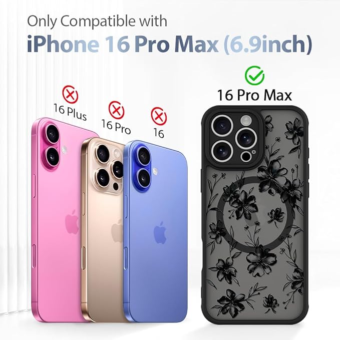 AIGOMARA Case for iPhone 16 Pro Max [Compatible with MagSafe] Ink Flower Floral Pattern Design for Women Girls Soft TPU Bumper Hard PC Back Anti-Fall Shockproof Protective Slim Magnetic Cover