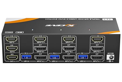 USB 3.0 KVM Switch 3 Monitors 3 Computers Displayport HDMI, Triple Monitor KVM Switch 8K@60Hz 4K@144Hz for 3 Computers Share Mouse Keyboard, Wired Remote and Power Adapter