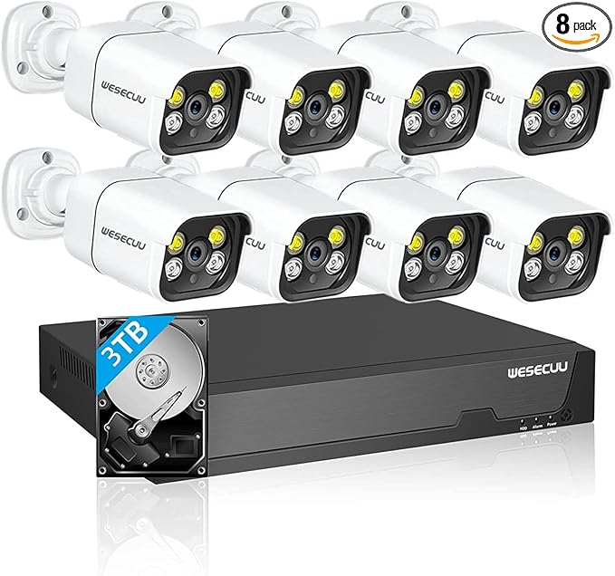 16CH ExpandableWESECUU Poe Security Camera System, 4K CCTV Camera Security System 8pcs IP Home Security Cameras Outdoor, 2-Way Audio, Human Detection, with 3TB HDD for 24-7 Recording (POE8 KIT)