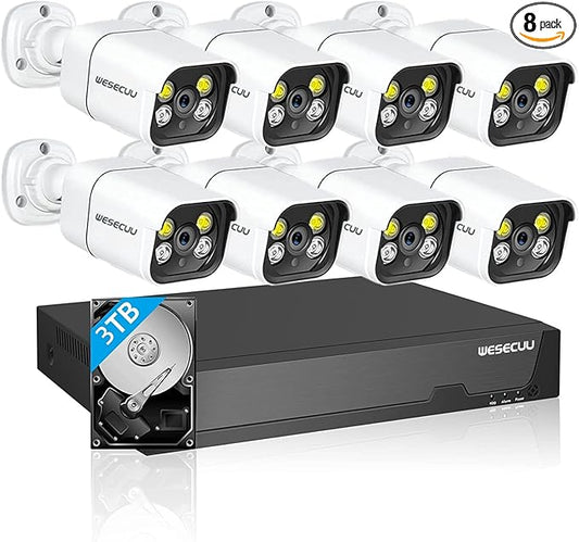 16CH ExpandableWESECUU Poe Security Camera System, 4K CCTV Camera Security System 8pcs IP Home Security Cameras Outdoor, 2-Way Audio, Human Detection, with 3TB HDD for 24-7 Recording (POE8 KIT)