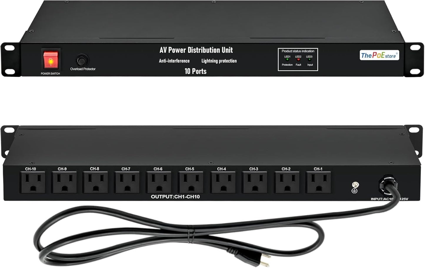 10 NEMA 5-15R Outlet Surge Protector PDU, 120V 15A 3600J 10KA, 1U Rack Mount Power Strip for Network Server Racks, AV Equipment, & More - 14AWG 6ft Cord, ETL Listed