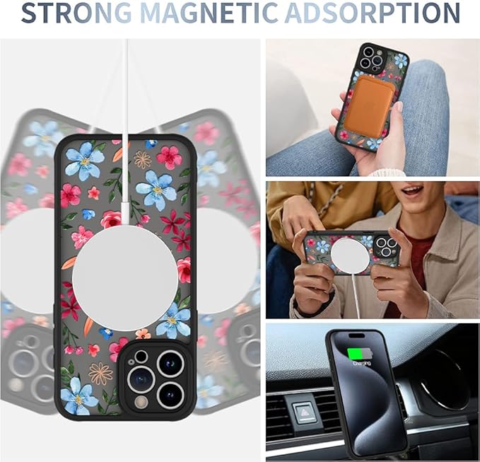 AIGOMARA Magnetic Case for iPhone 15 Pro Max [Compatible with MagSafe] Cute Pink Blue Flower Floral Pattern Soft TPU Bumper Hard PC Back Anti-Fall Shockproof Protective Slim Cover for Women Girls