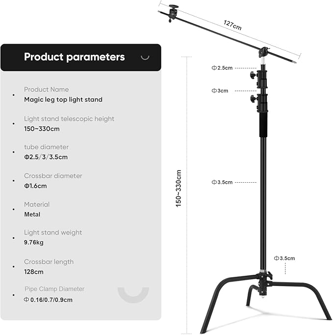 10.8ft/330cm Heavy Duty C Stand Stainless Steel Light Stand with Holding Arm 4.2ft/128cm Carry Bag 44LB/20KG Adjustable Stable for Photography Studio Video Monolight Softbox Shooting
