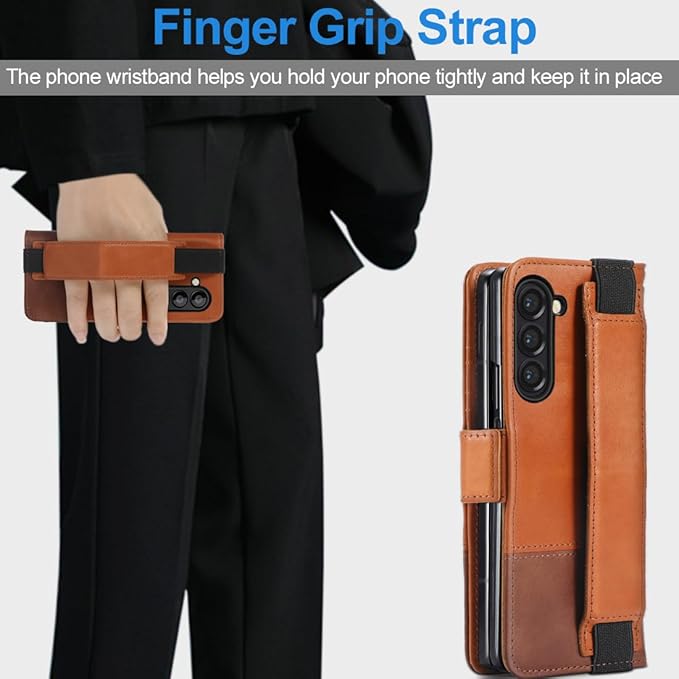 KEZiHOME for Samsung Galaxy Z Fold 6 Case, Genuine Leather Wallet Case [RFID Blocking] with Card Slots Stand Flip Protective Phone Cover Compatible with Galaxy Z Fold 6 5G (Khaki/Brown)