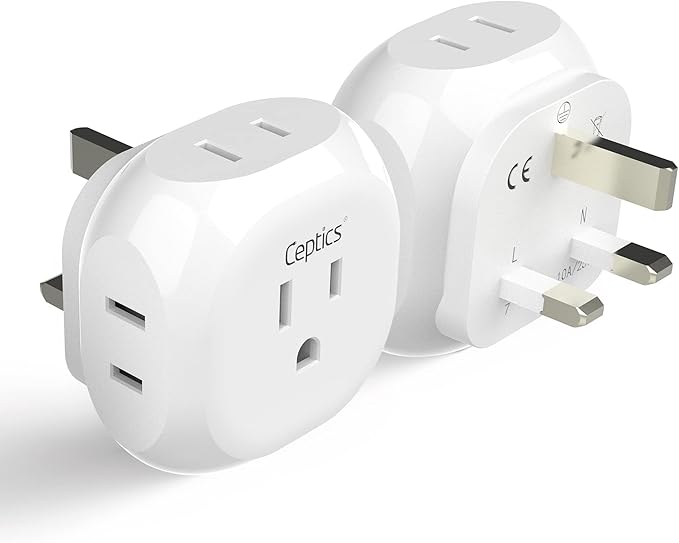Ceptics US to UK Plug Adapter UK, Ireland Power Adapter Charger 4 Input - Ultra Compact - Light Weight - USA to Any Type G Countries Such as Hong Kong, England and More - 2 Pack (PT-7), White