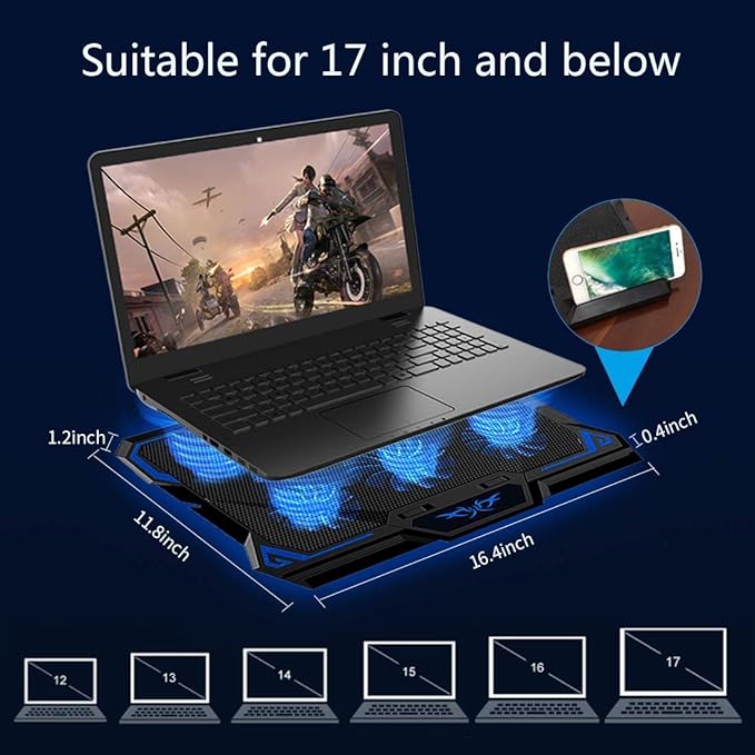 Laptop Cooling Pad, Laptop Cooler with 6 Quiet Led Fans for 15.6-17 Inch Laptop Cooling Fan Stand, Portable Ultra Slim USB Powered Gaming Laptop Cooling Pad, Switch Control Fan Speed Function