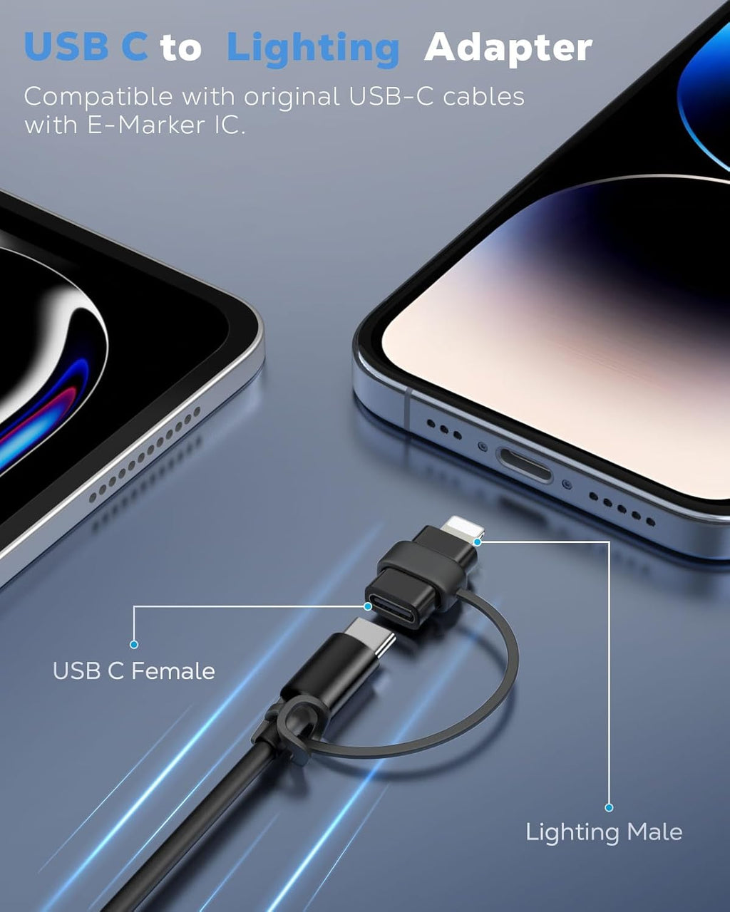 MoKo USB C to Lightning Adapter, Not for Audio/OTG, Lightning Male to USB C Female Adapter for iPhone 14/13/12/11/X Series, iPad/AirPods, Support Charging & Data Sync, with Anti-Lost Loop, Black