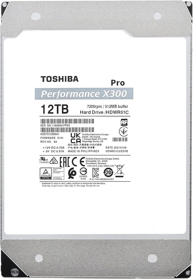 Toshiba X300 PRO 12TB High Workload Performance for Creative Professionals 3.5-Inch Internal Hard Drive – Up to 300 TB/Year Workload Rate CMR SATA 6 GB/s 7200 RPM 512 MB Cache - HDWR51CXZSTB