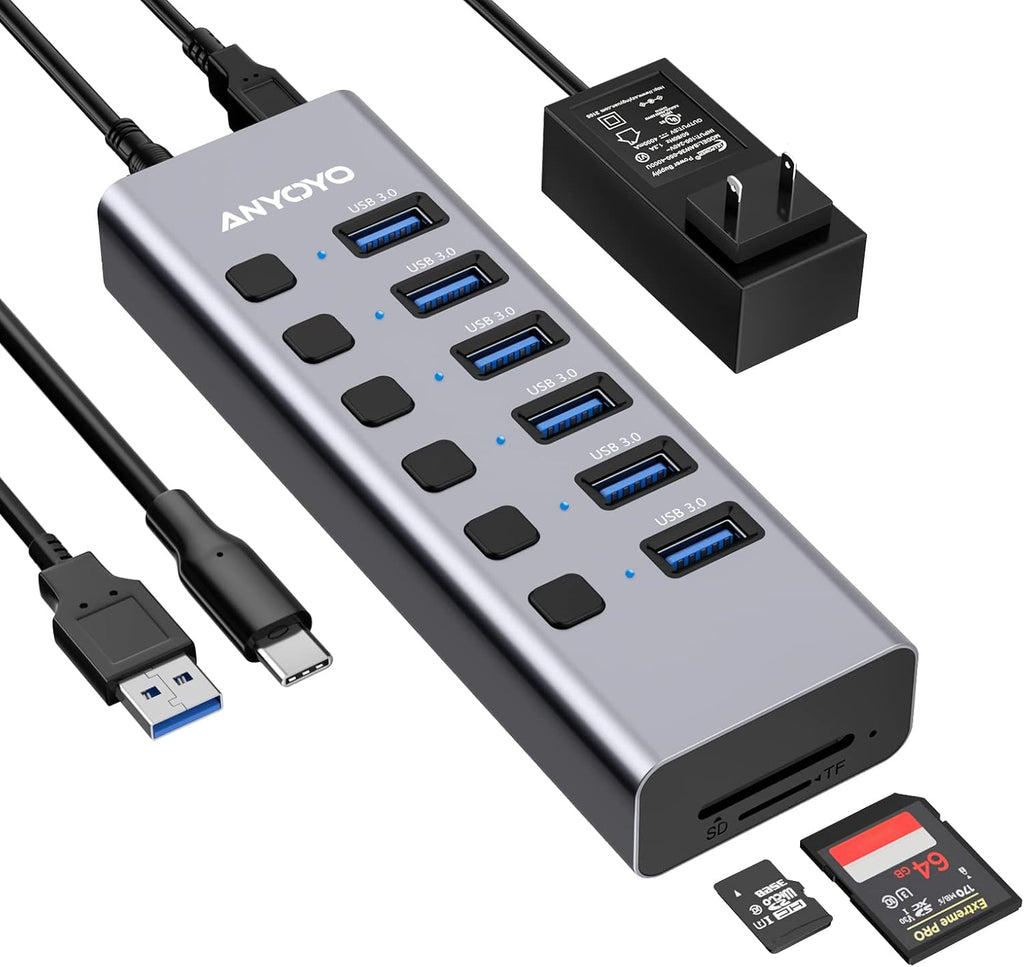 Powered USB Hub with TF/SD Card Reader, 8-Port USB 3.0 Hub with 6 USB 3.0 Data Ports, USB Spilter with Individual On/Off Switches，Aluminum USB Hub with AC Adapter for PC, Desktop, MacBook