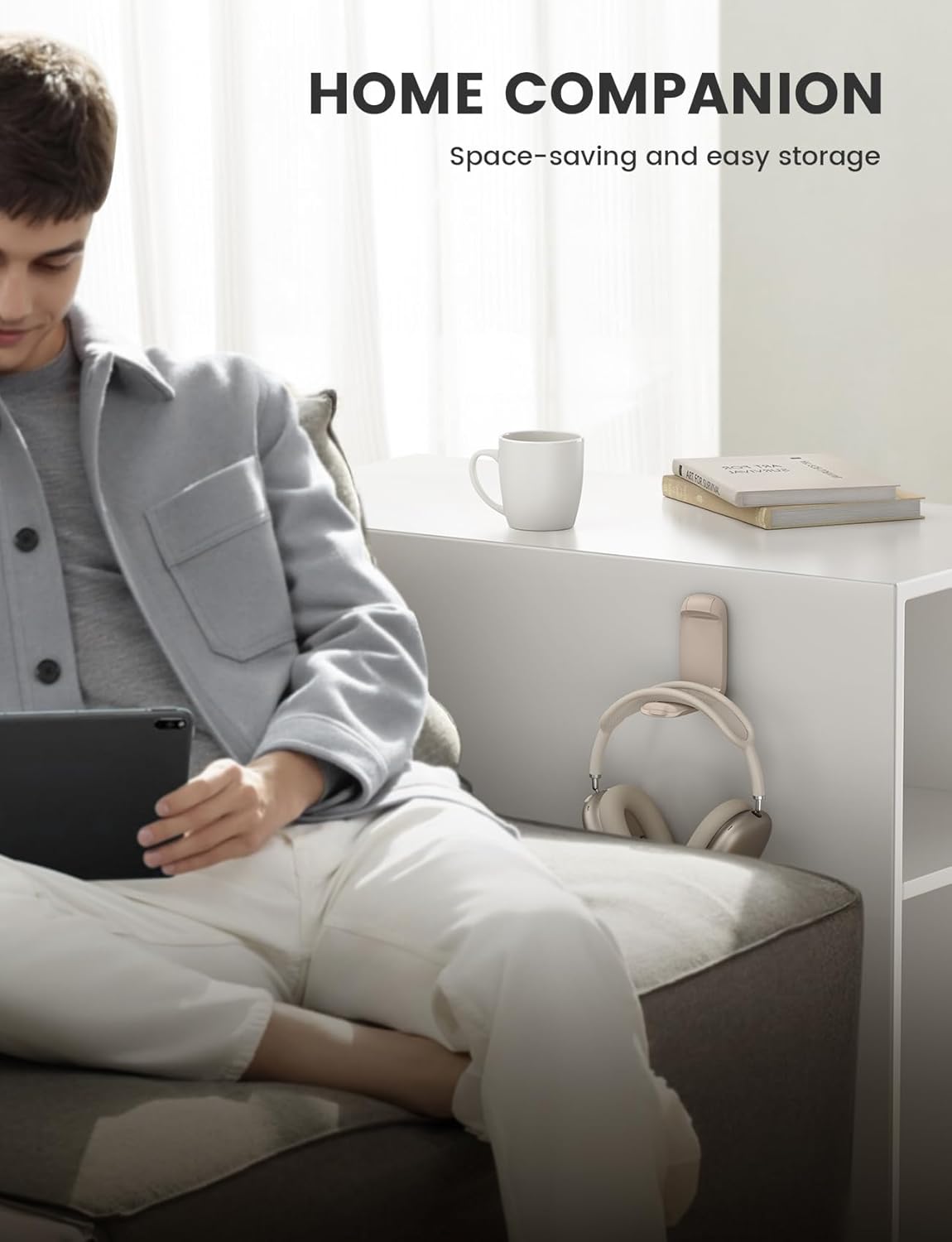 Lamicall Headphone Stand, Sticky Headset Holder - Foldable Headphone Holder Hook Mount, Adhesive Headset Hanger Clip Under Desk, Earphone Clamp for Airpods Max, HyperX, Sennheiser, Khaki