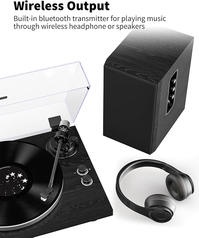 Turntable Vinyl Record Player Support Bluetooth Output Phono/Line Switch Pitch Control with Pre-Installed Counterweight & Magnetic Cartridge, Belt Drive 2 Speed