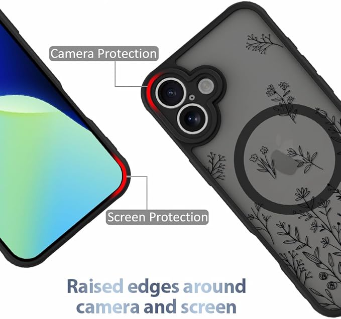 AIGOMARA Magnetic Case for iPhone 16 [Compatible with MagSafe] Cute Black Flower Floral for Women Girls Soft TPU Bumper Hard PC Back Anti-Fall Shockproof Protective Slim Cover