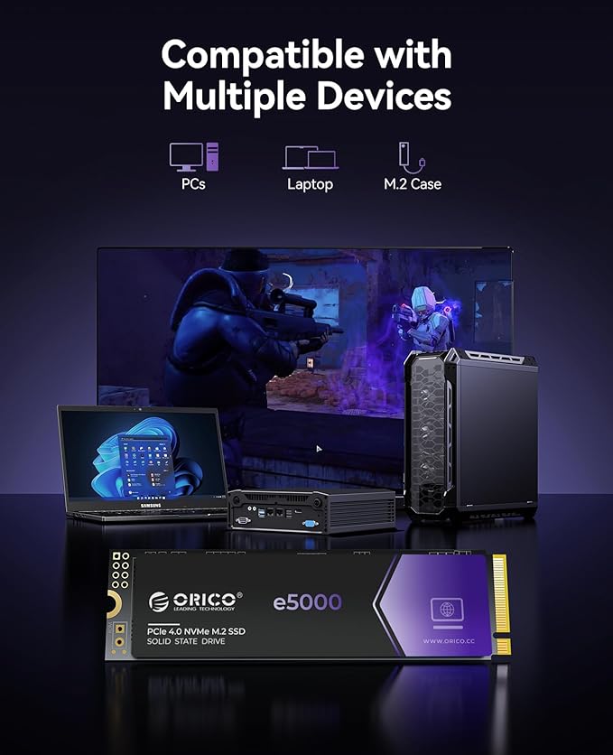 ORICO e5000 2TB SSD M.2 NVMe 2280 PCIe Gen4 5200MB/s Internal Solid State Drive SLC Dynamic Cache 3D NAND QLC for PS5 Laptops PC Desktops