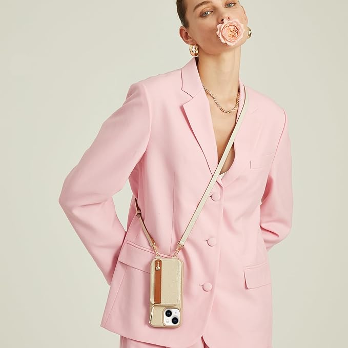 LAMEEKU for iPhone 15 Wallet Case with Credit Card Holder, Zipper Leather Crossbody Case with Phone Grip Holder Stand Wrist Strap Lanyard for Women for Apple iPhone 15 6.1 inch Beige