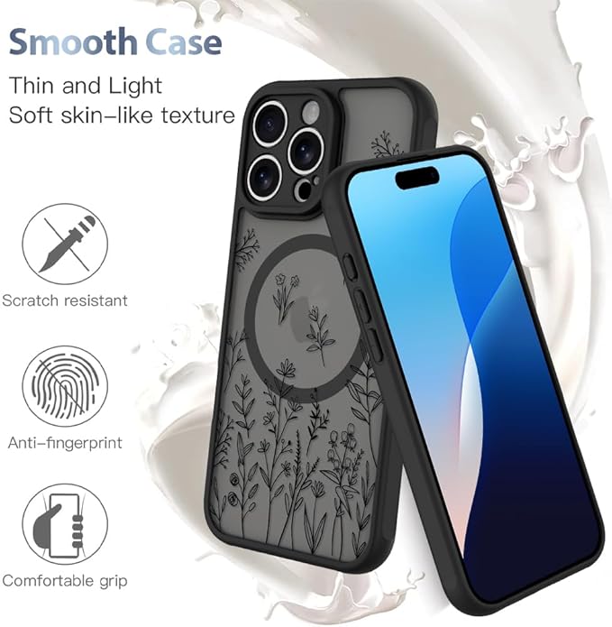 AIGOMARA Magnetic Case for iPhone 16 Pro Max [Compatible with MagSafe] Cute Black Flower Floral for Women Girls Soft TPU Bumper Hard PC Back Anti-Fall Shockproof Protective Slim Cover