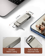 MOSDART 128GB USB3.1 Fast Speed C and A Dual Flash Drive, exFAT Memory Stick with Keychain Loop, for iPhone 15 and 16, Android Phone, iPad, MacBook, Silver