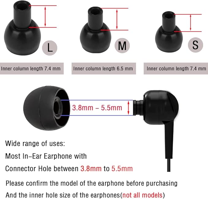 18 Pairs Silicone Earbud Tips Replacement Ear Tips Earbuds Cap for in- Ear Headphones Eartips (Inner Hole from 3.8mm-5.5mm Earphones) Earbud Replacement Tips Ear Buds Tips S M L,Black