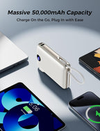 Portable Charger with Built in Cable & Wall Plug, 50000 mAh Power Bank, 22.5W Fast Charging, 4 Outputs, Travel Essential Battery Pack with LED Display for iPhone 17/16/15/14 Series, Samsung, iPad etc