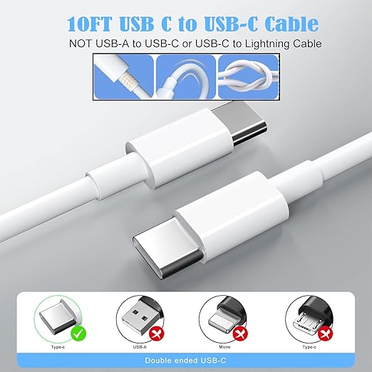 10FT Fast Charging Cord for iPhone 16 15,3Pack Extra Long 10Foot USB C to Type C Charger Cable 20W USB C Charger Block Cube Super Quick Charging for iPhone 16 15 Pro/Plus/Pro/Pro Max,iPad Pro/Air/Mini